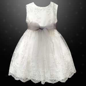 Girls Ivory Floral Lace Dress with Silver Organza Sash